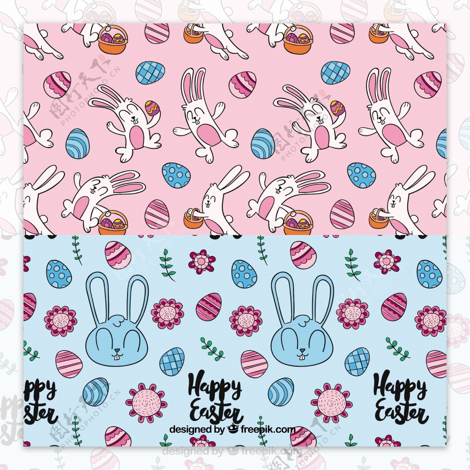 可爱的兔子和复活节彩蛋装饰图案