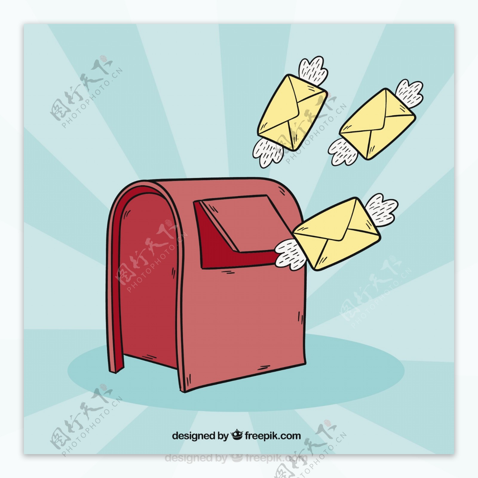 红色邮箱背景和带有手绘翅膀的信封