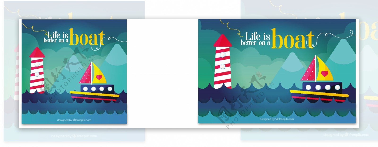 彩色船和灯塔海浪扁平风格背景