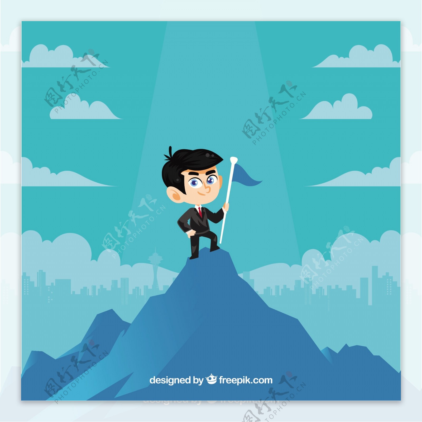 登上山顶的商务人士蓝色背景
