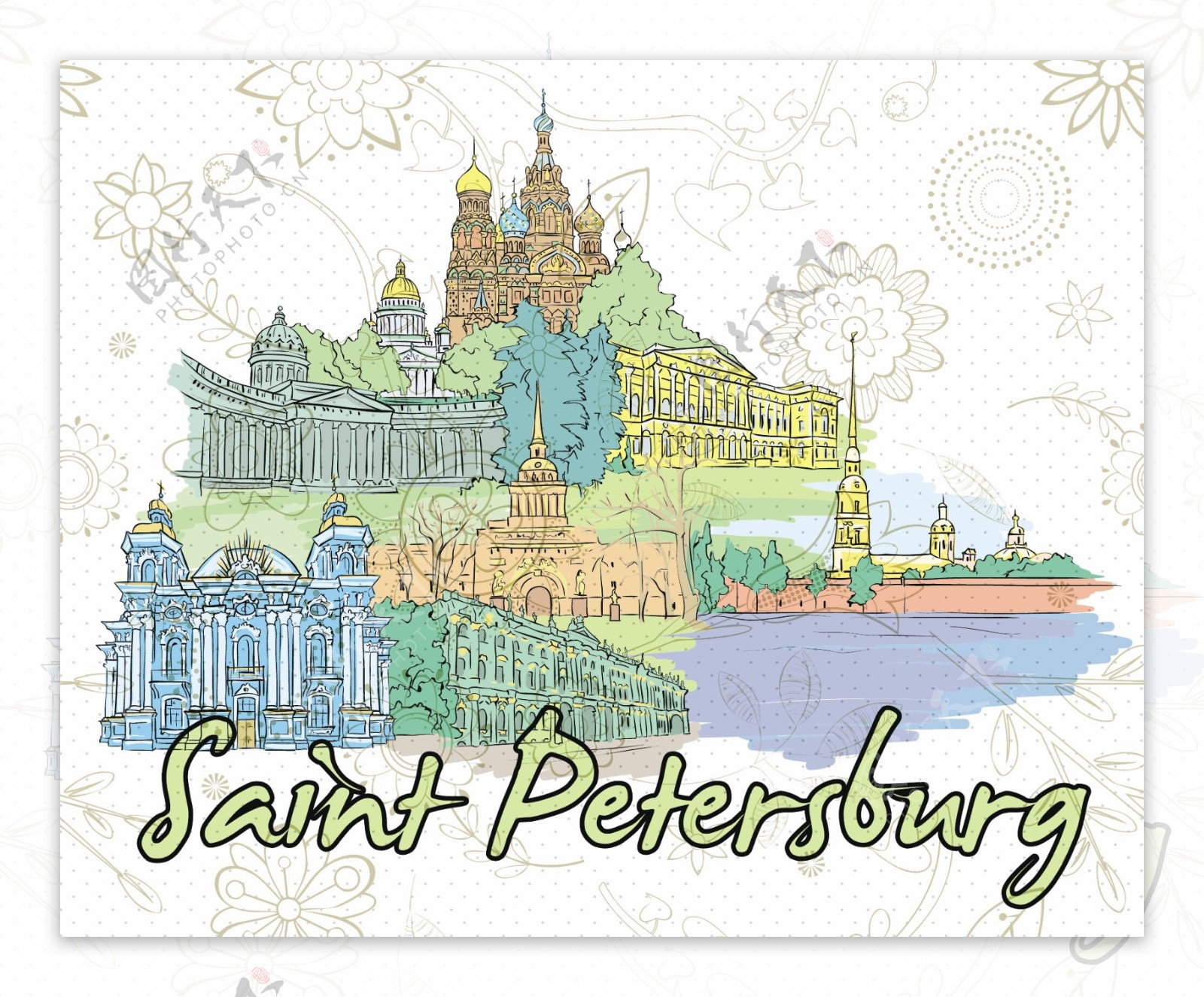圣彼得堡的涂鸦矢量插画