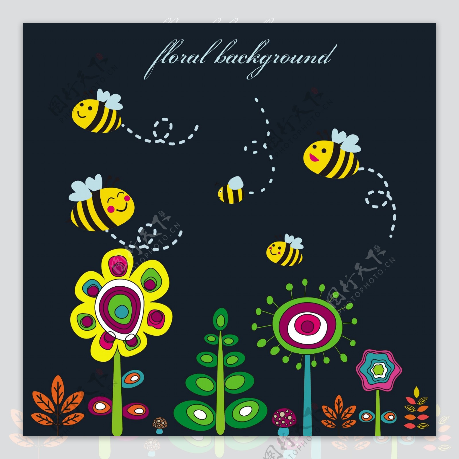 花的背景设计可爱的卡通蜜蜂自由向量
