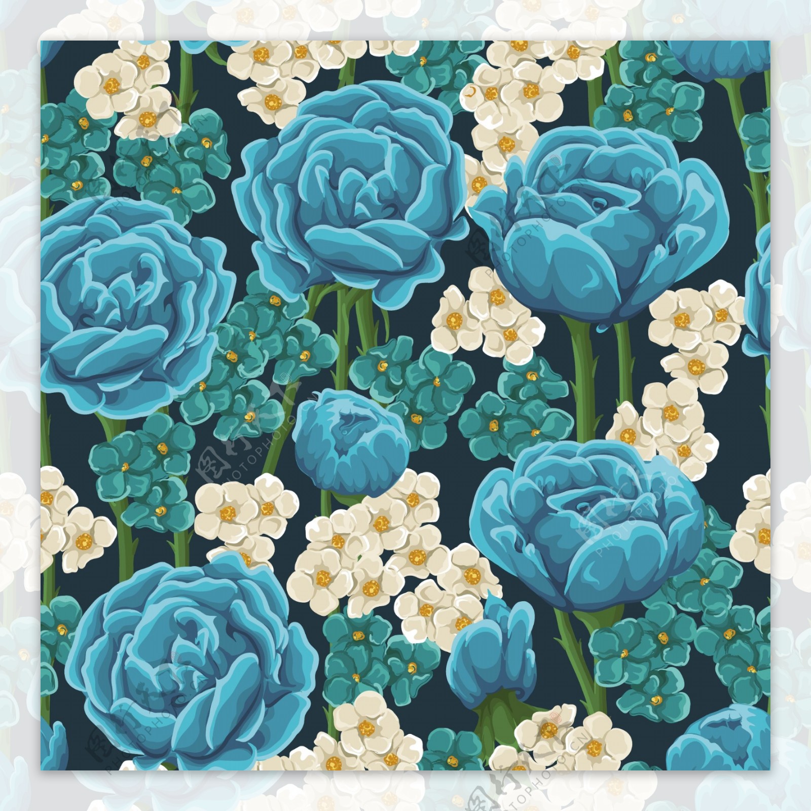 蓝玫瑰花卉无缝背景矢量素材