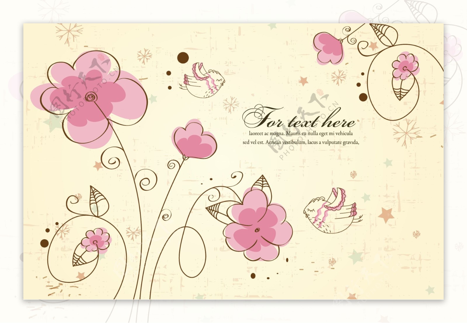 粉色花朵卷曲花纹与小鸟