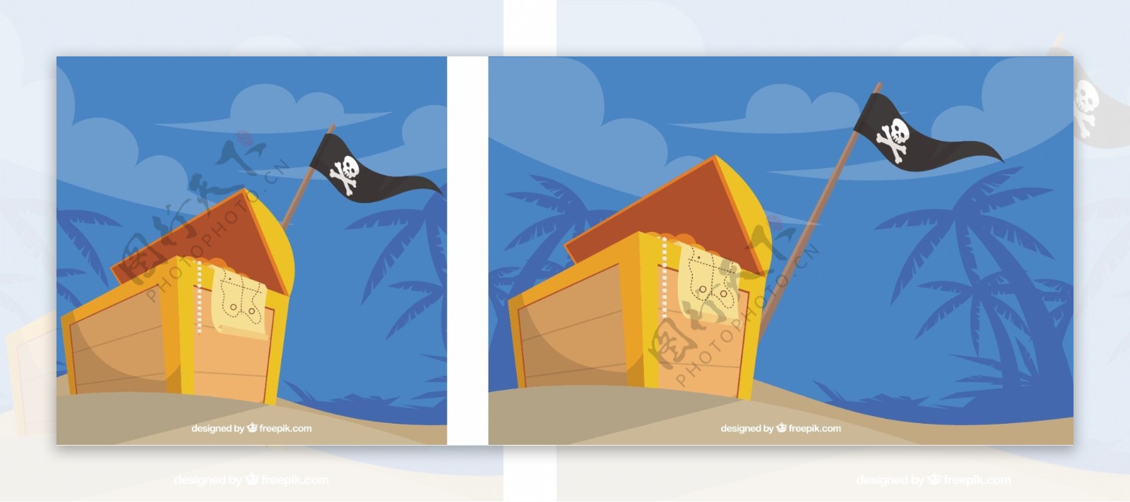 海盗旗沙滩背景与装满金币的箱子