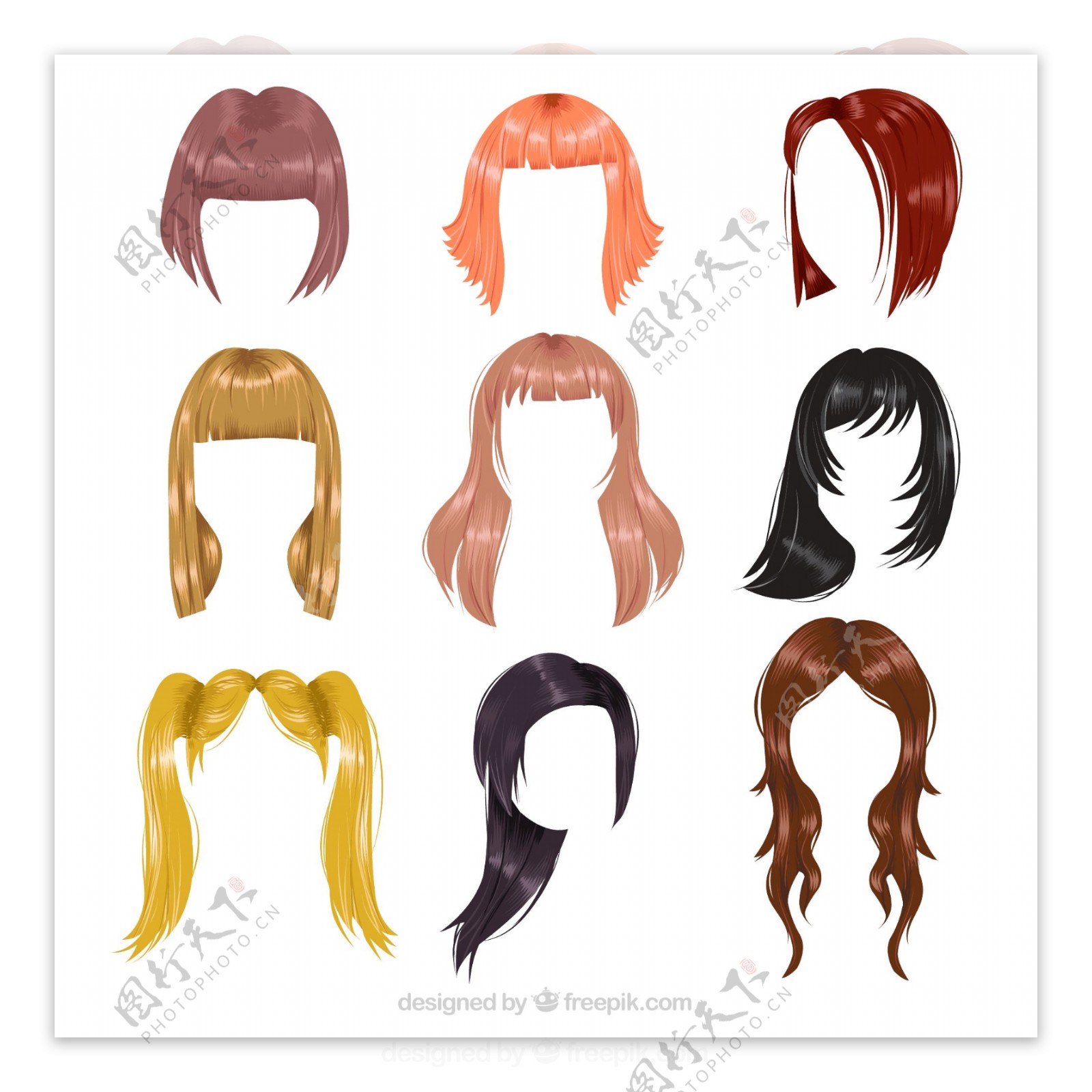 9款彩色女子发型设计矢量图
