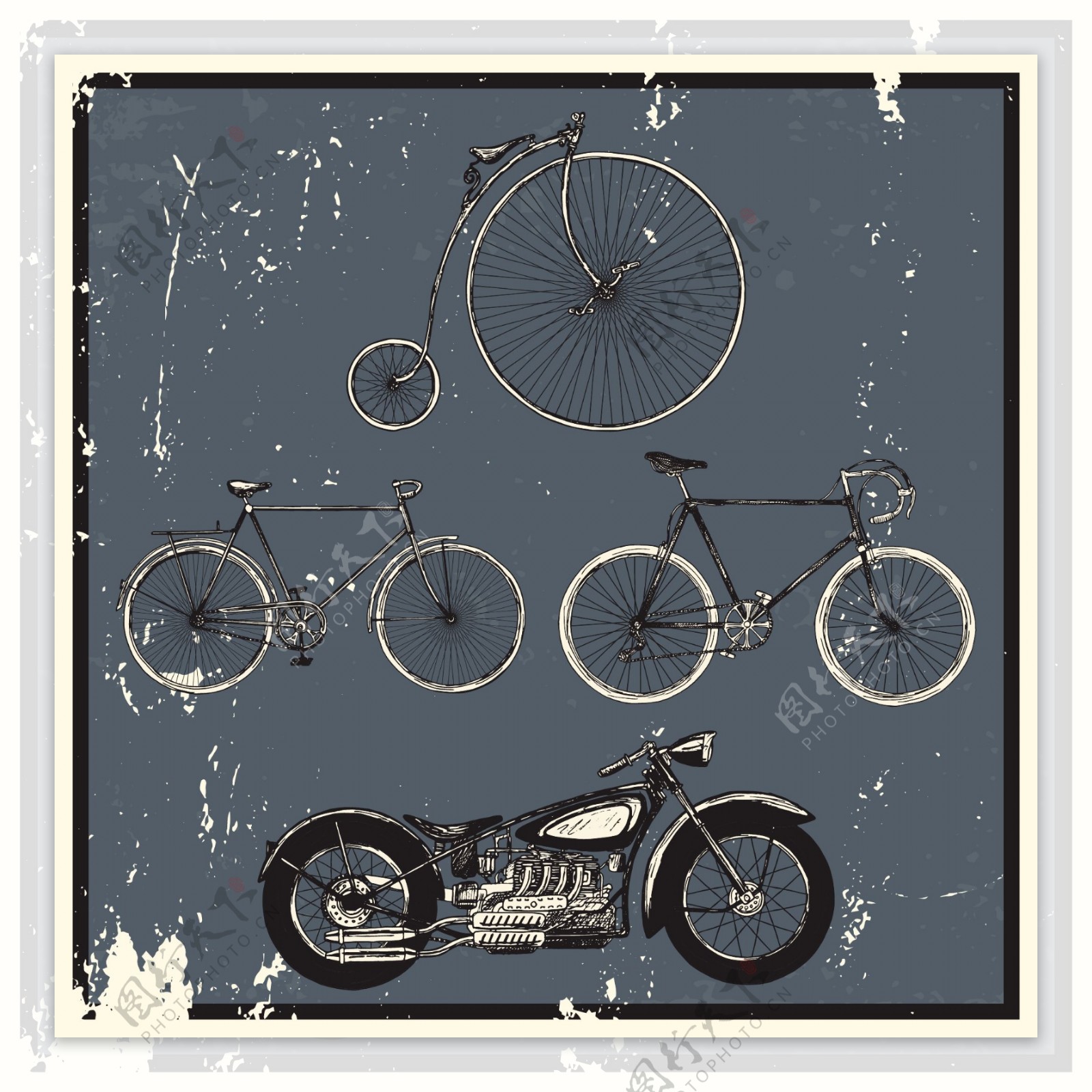 多个复古的摩托车与自行车向量源文件
