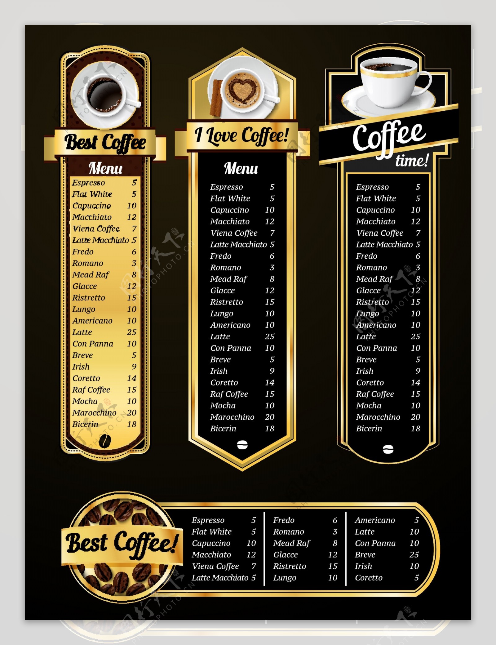 各式咖啡价位图