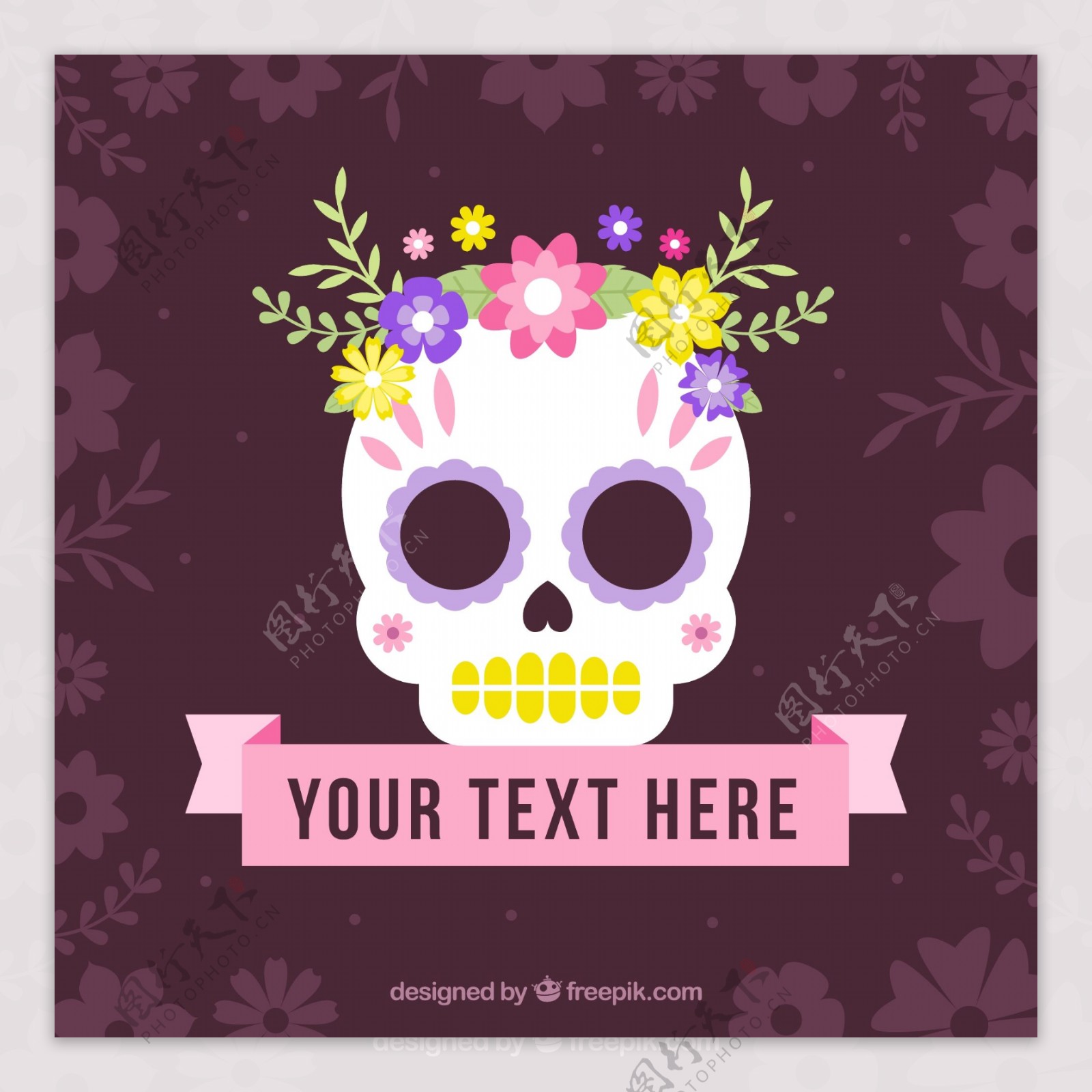 墨西哥头骨背景有花和丝带