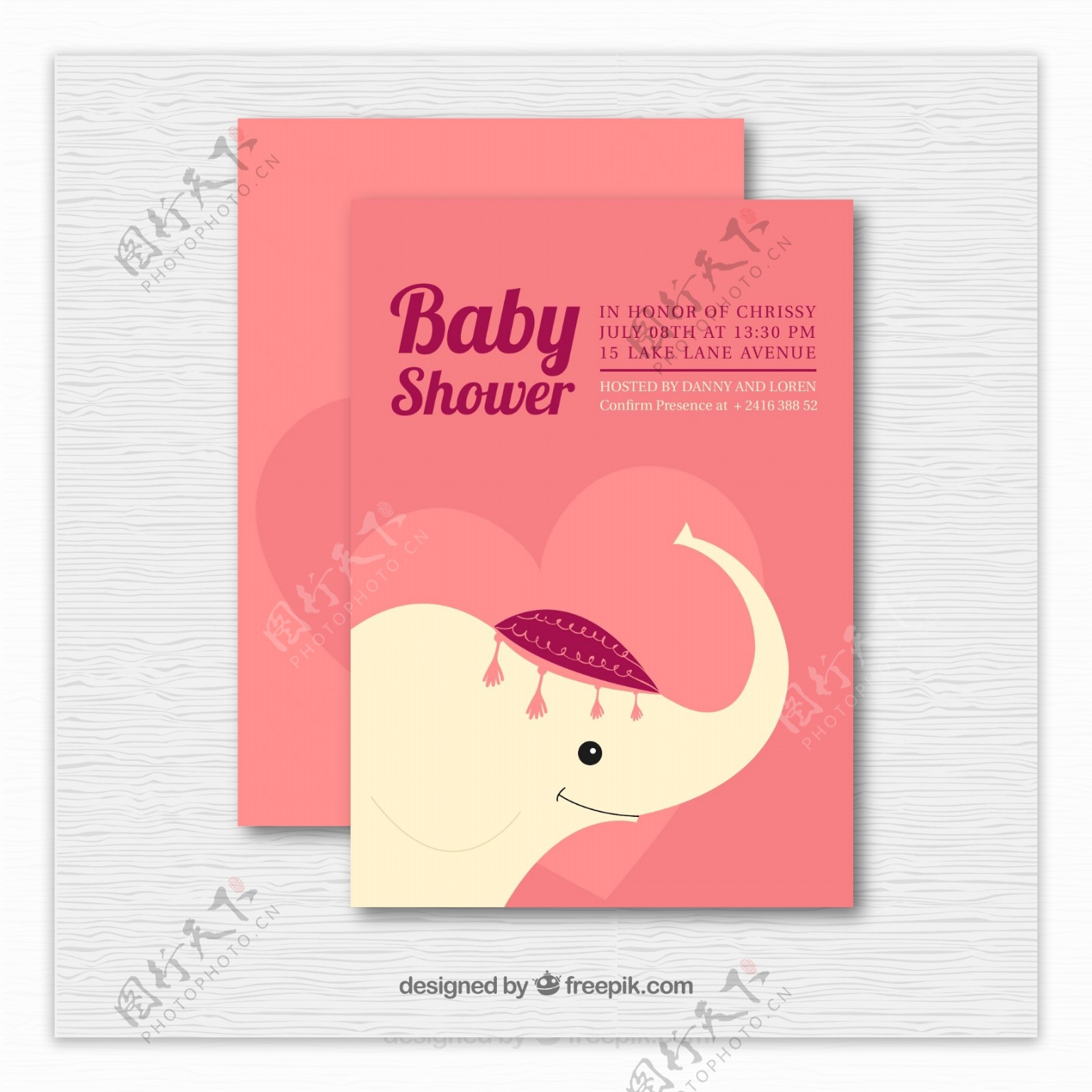 粉色大象迎婴派对邀请卡图片