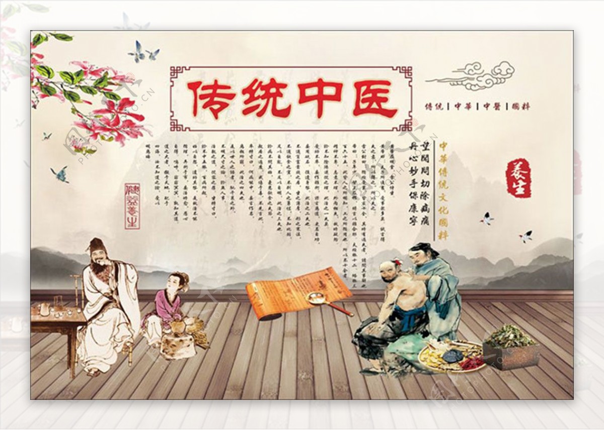 中式手绘古典传统中医养生宣传海报