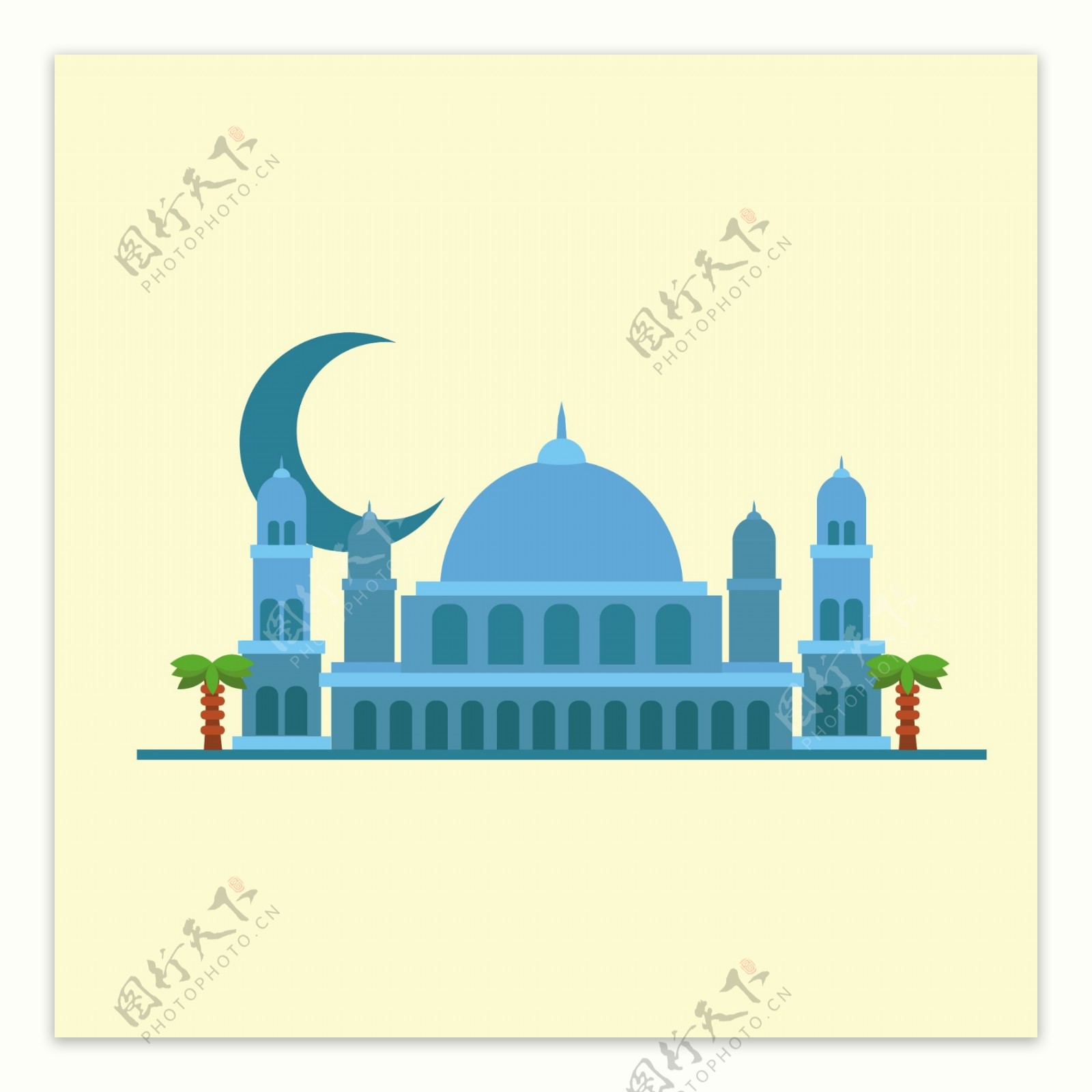 伊斯兰开斋节蓝色清真寺黄色背景
