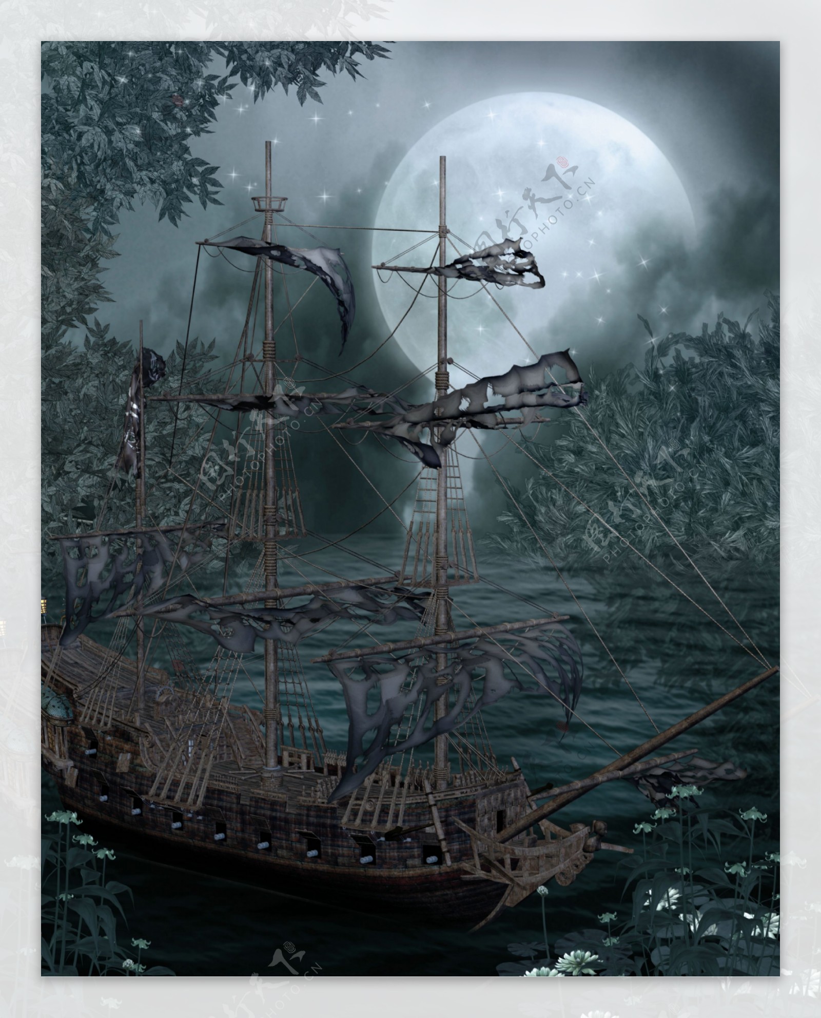 月光下的轮船图片
