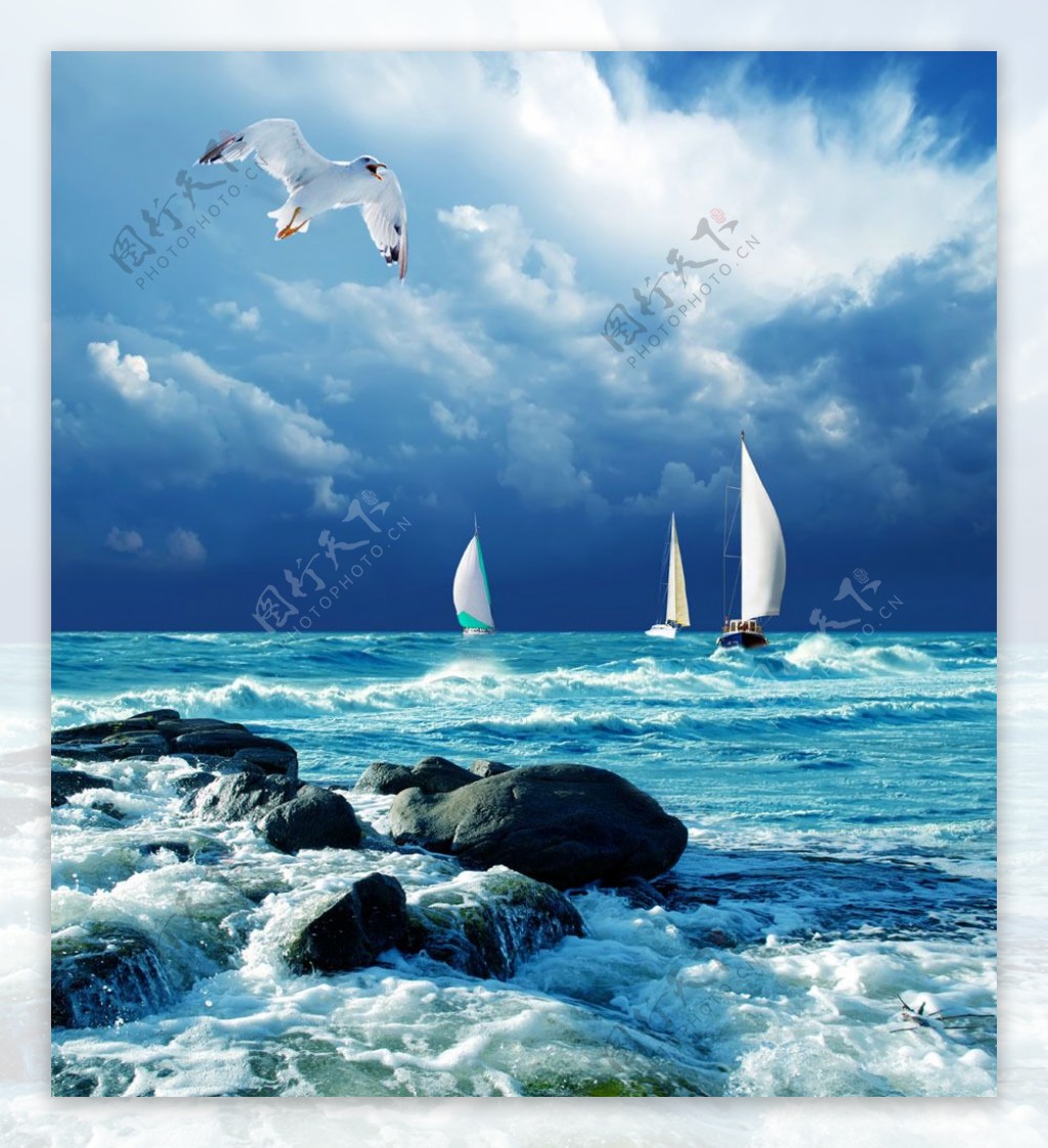 海浪石头帆船图片