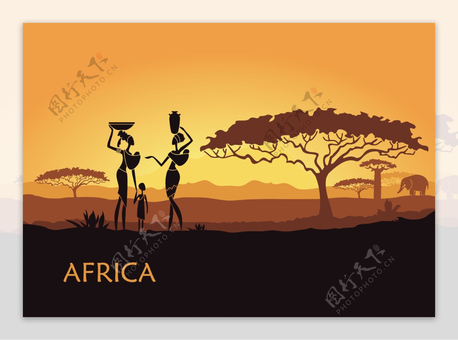 非洲女性剪影与日落风景矢量素材下载