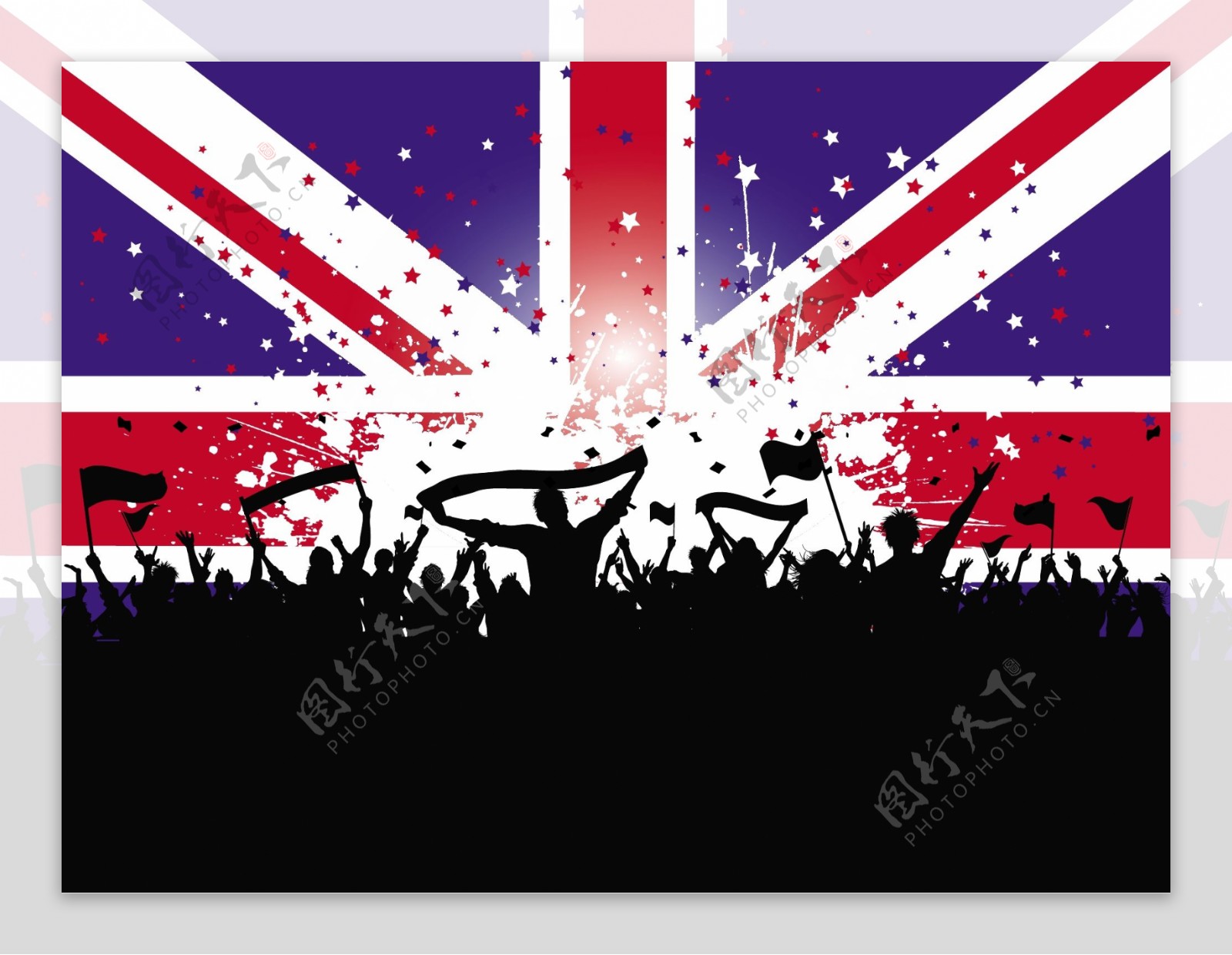 英国国旗背景下的人群剪影
