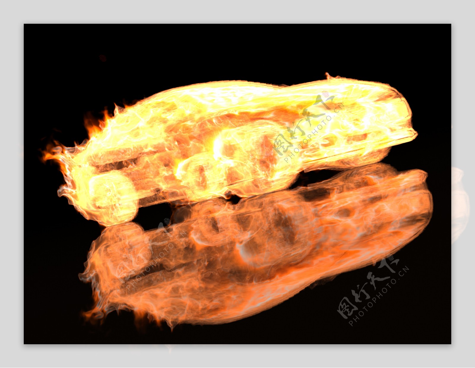 火焰汽车和倒影图片