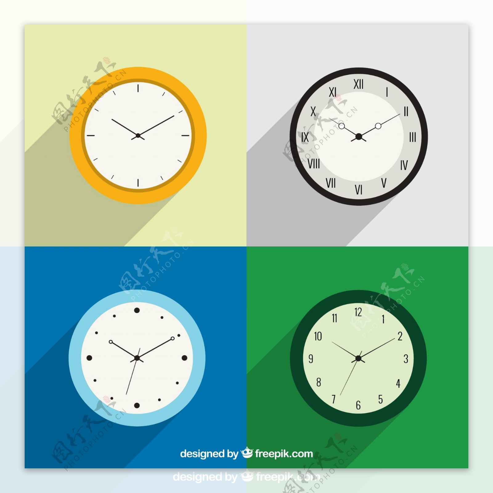 4款彩色时钟设计矢量图