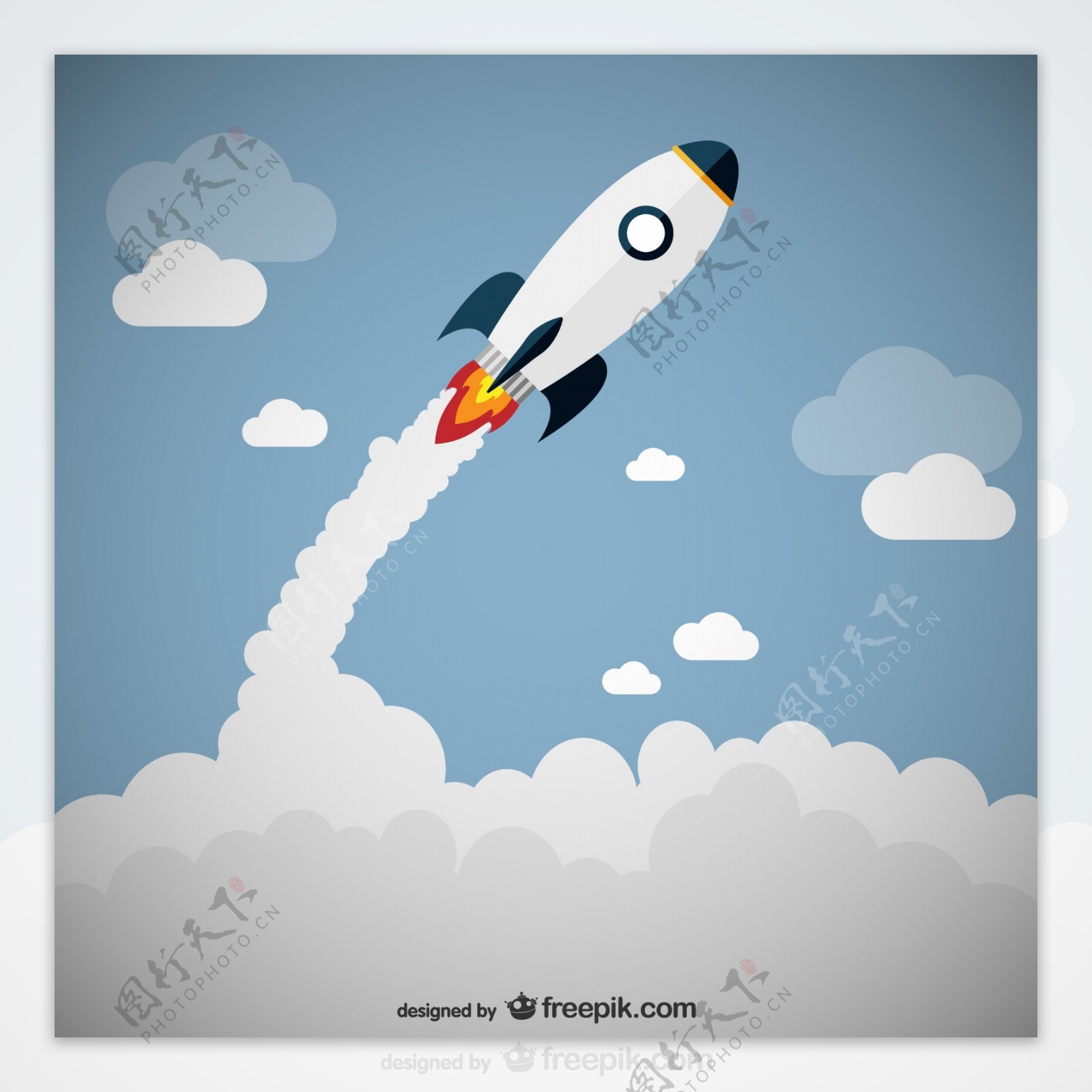 卡通冲破云层的火箭矢量素材图片