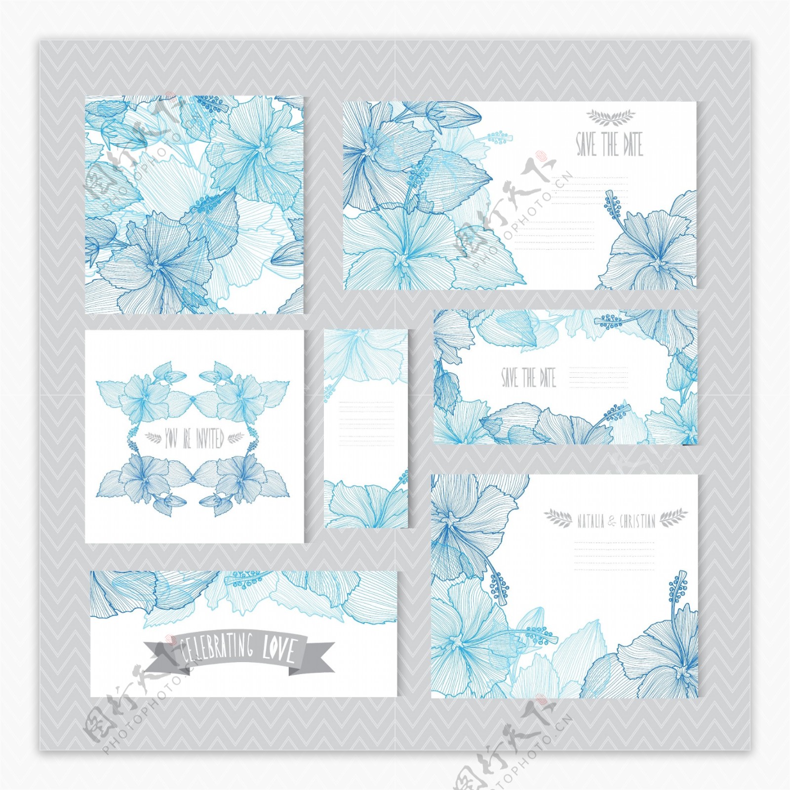 7款蓝色手绘花卉婚礼卡片矢量图