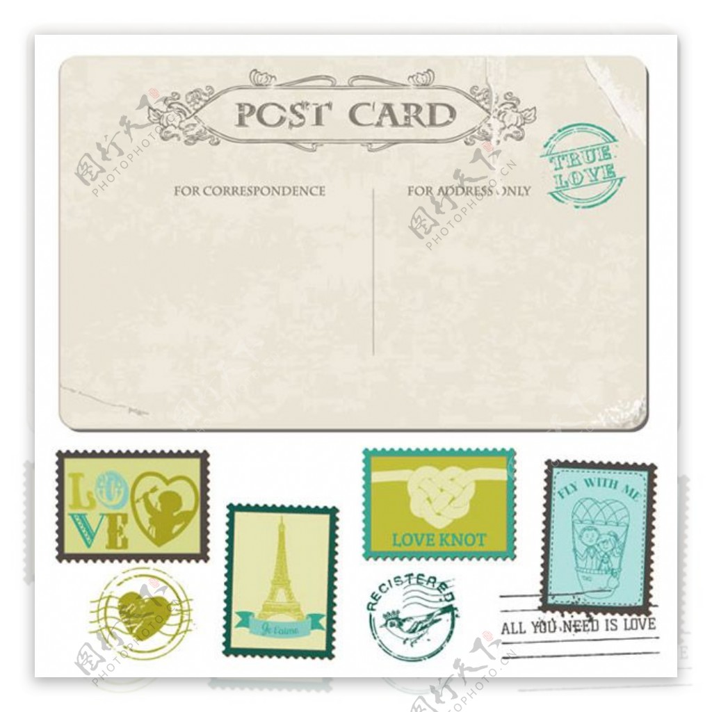复古婚礼明信片与邮票矢量素材下载