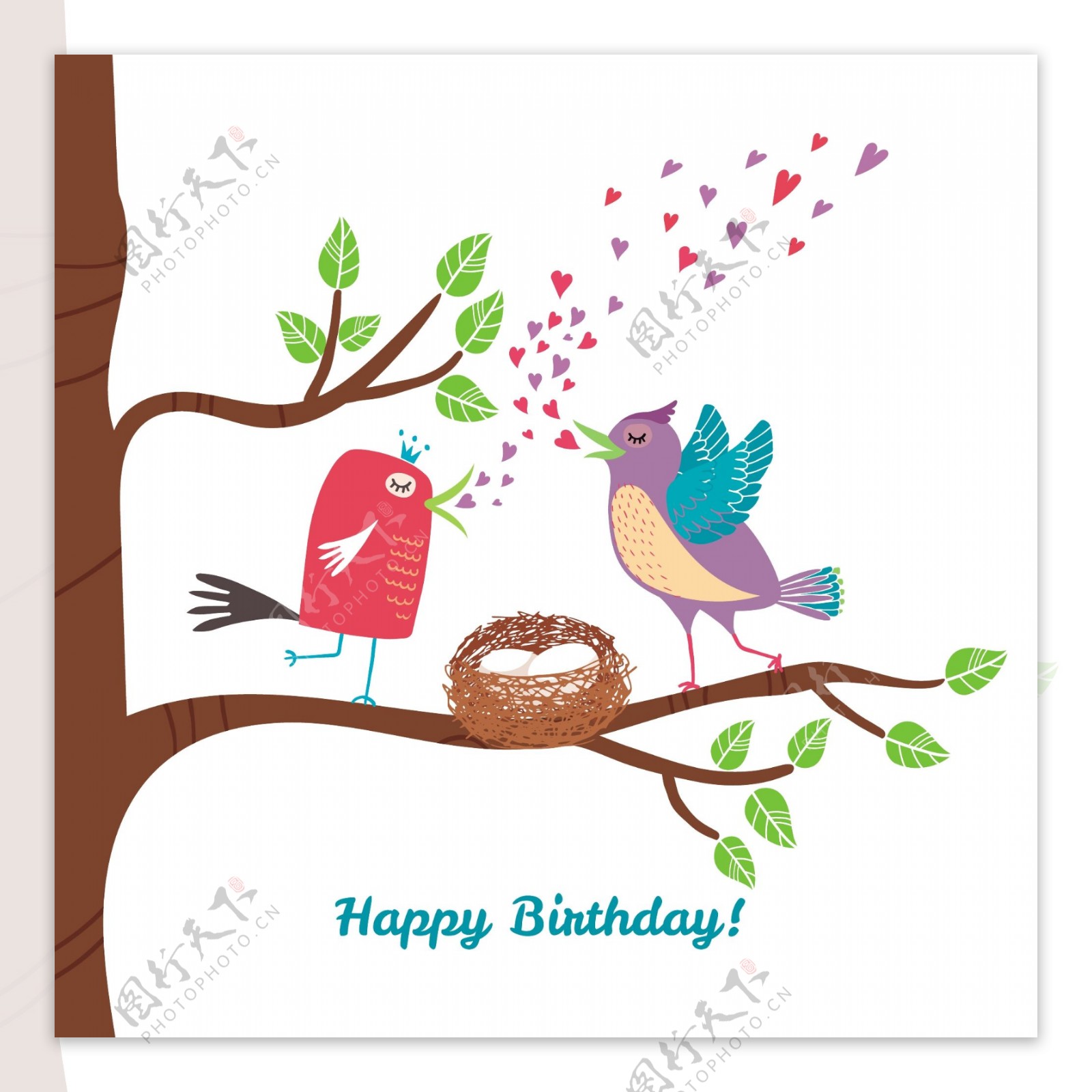 鸟儿在树枝上的生日卡片