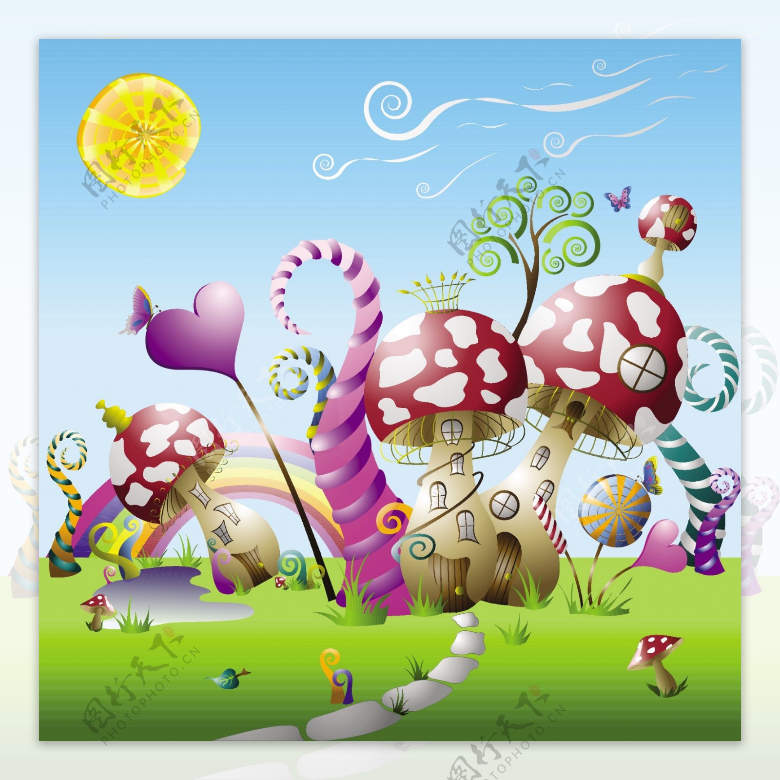 蘑菇可爱的童话世界矢量素材