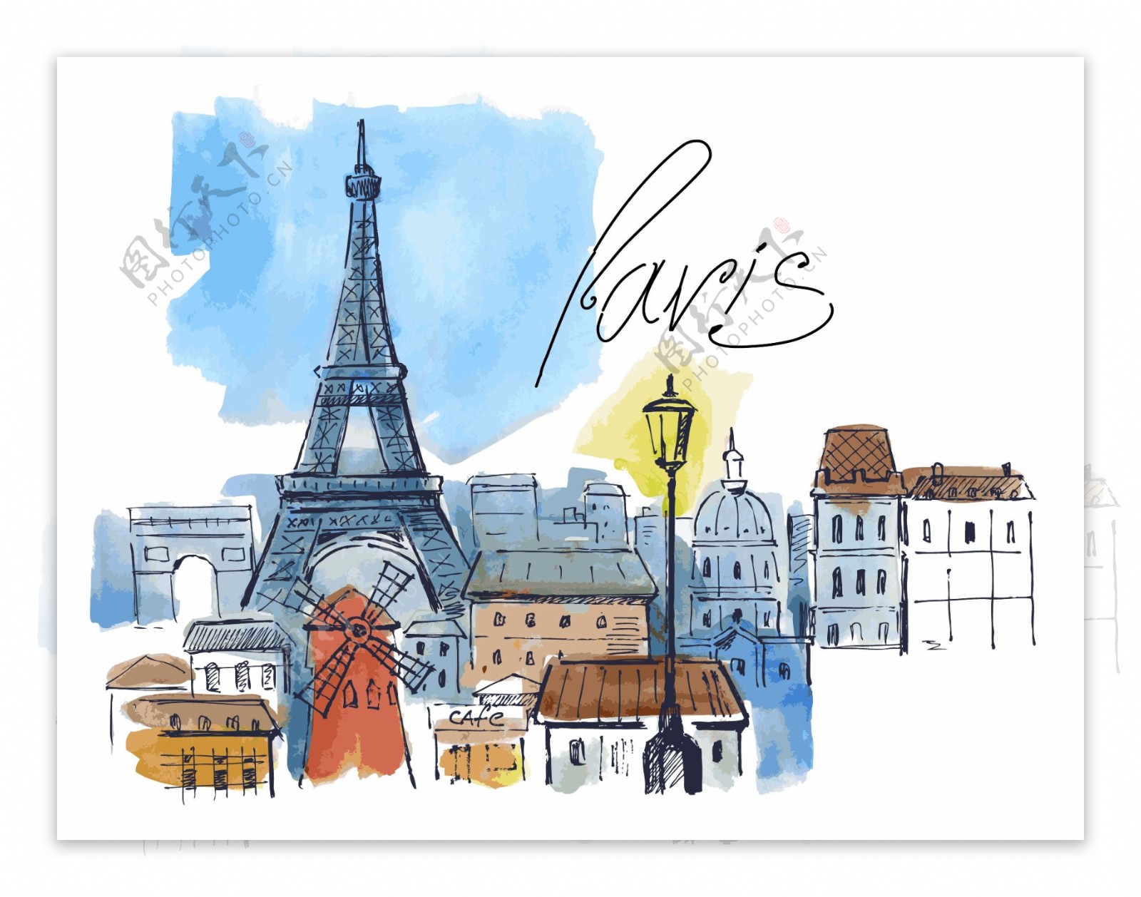 水彩绘巴黎建筑插画