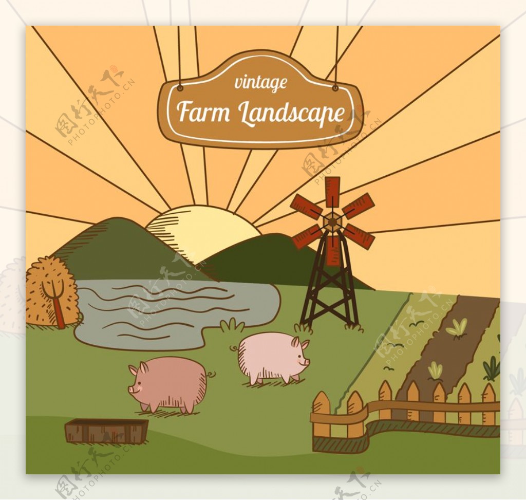 复古彩绘农场风景和猪矢量素材