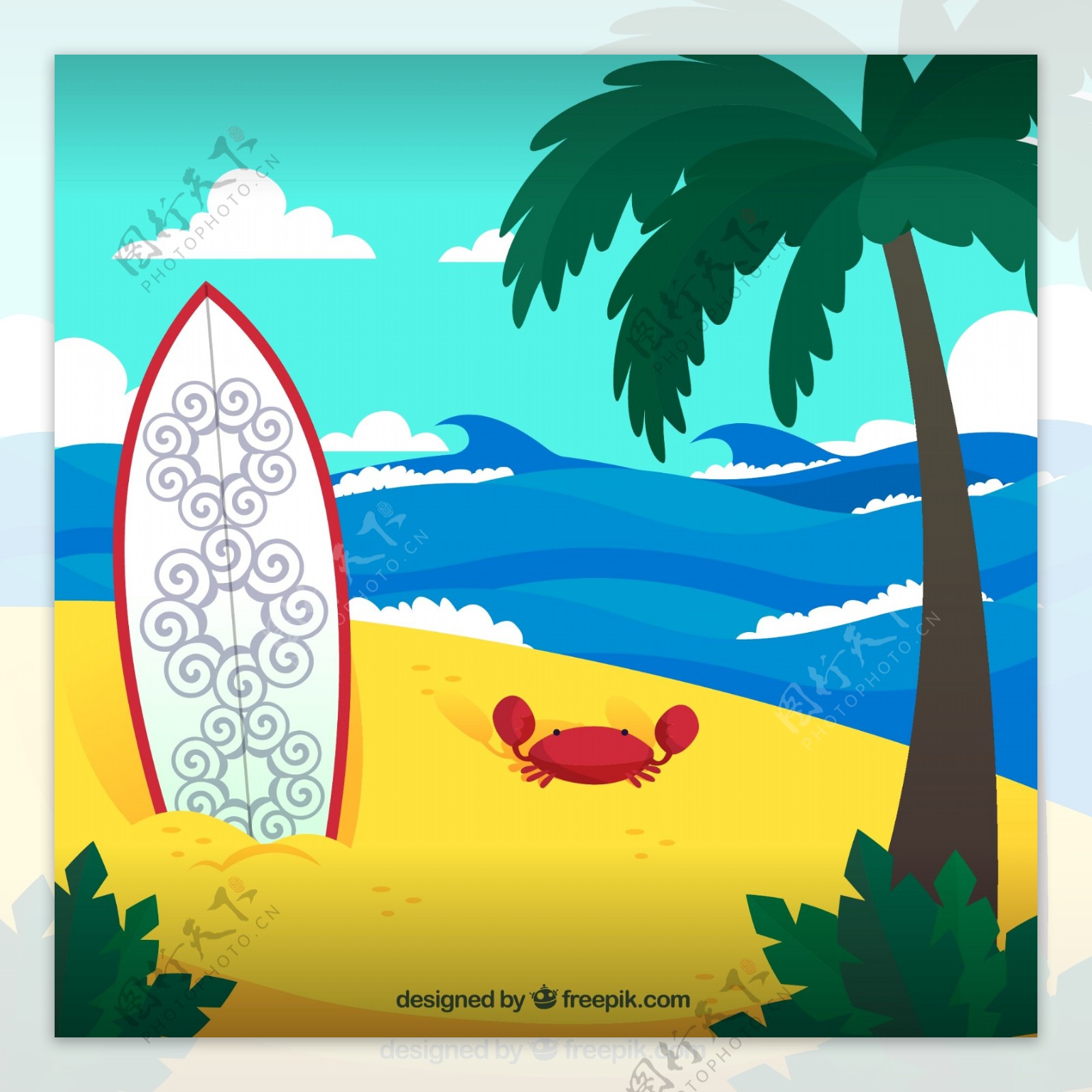创意沙滩冲浪板和螃蟹插画矢量素材