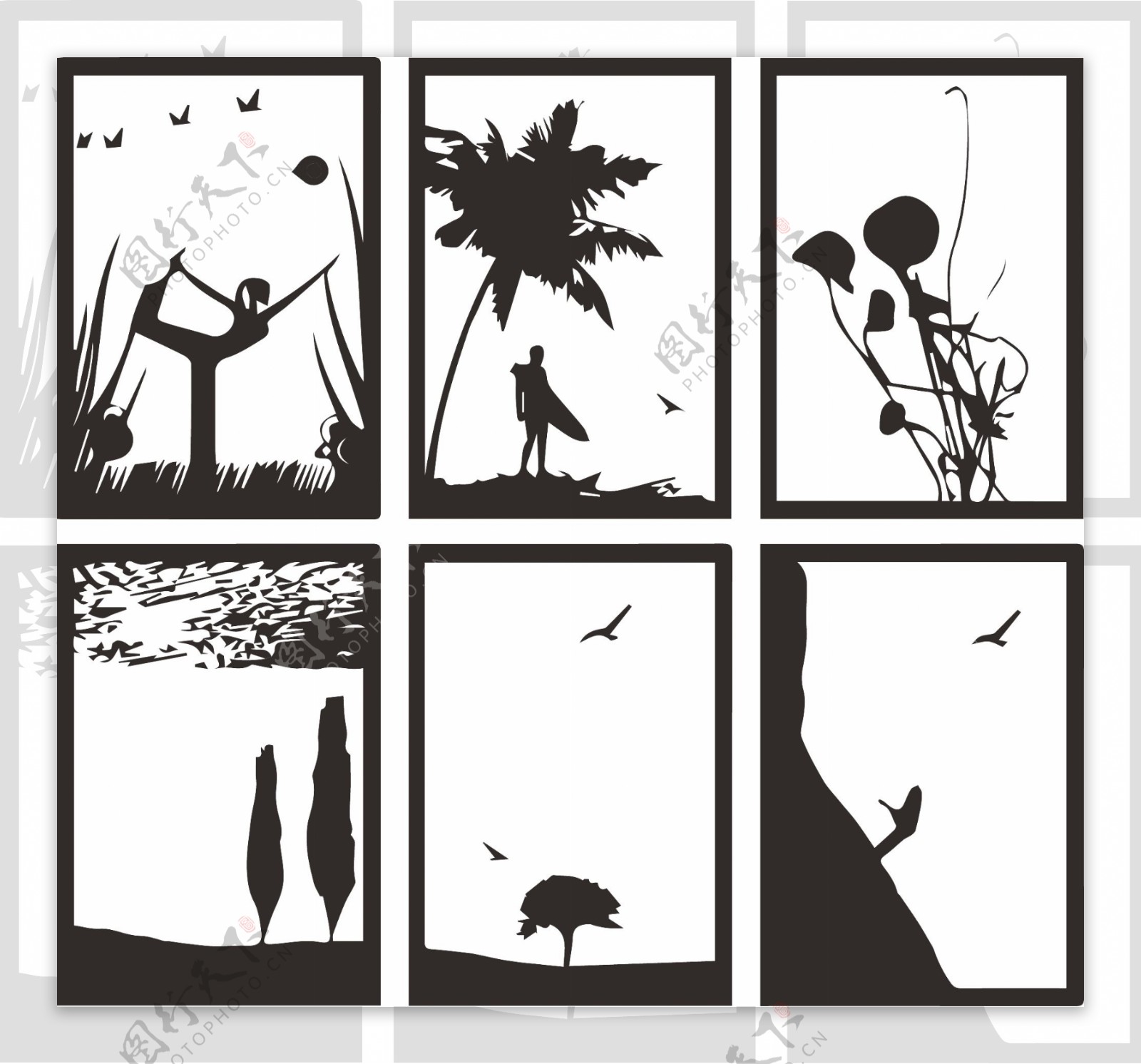 黑白装饰画装饰画人物风景植物动物底稿黑稿墙画