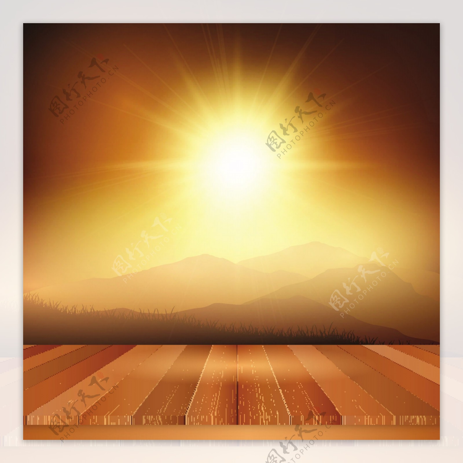 木桌子看一个阳光普照的风景