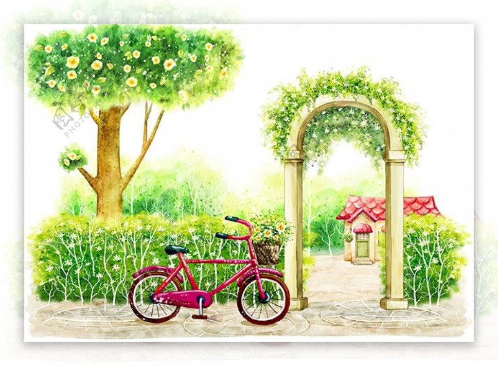 韩式风景绿色庭院插画设计psd素材