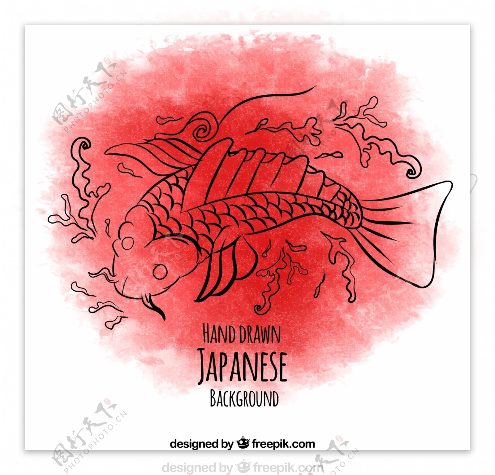 手绘日本鱼用水彩颜料的背景