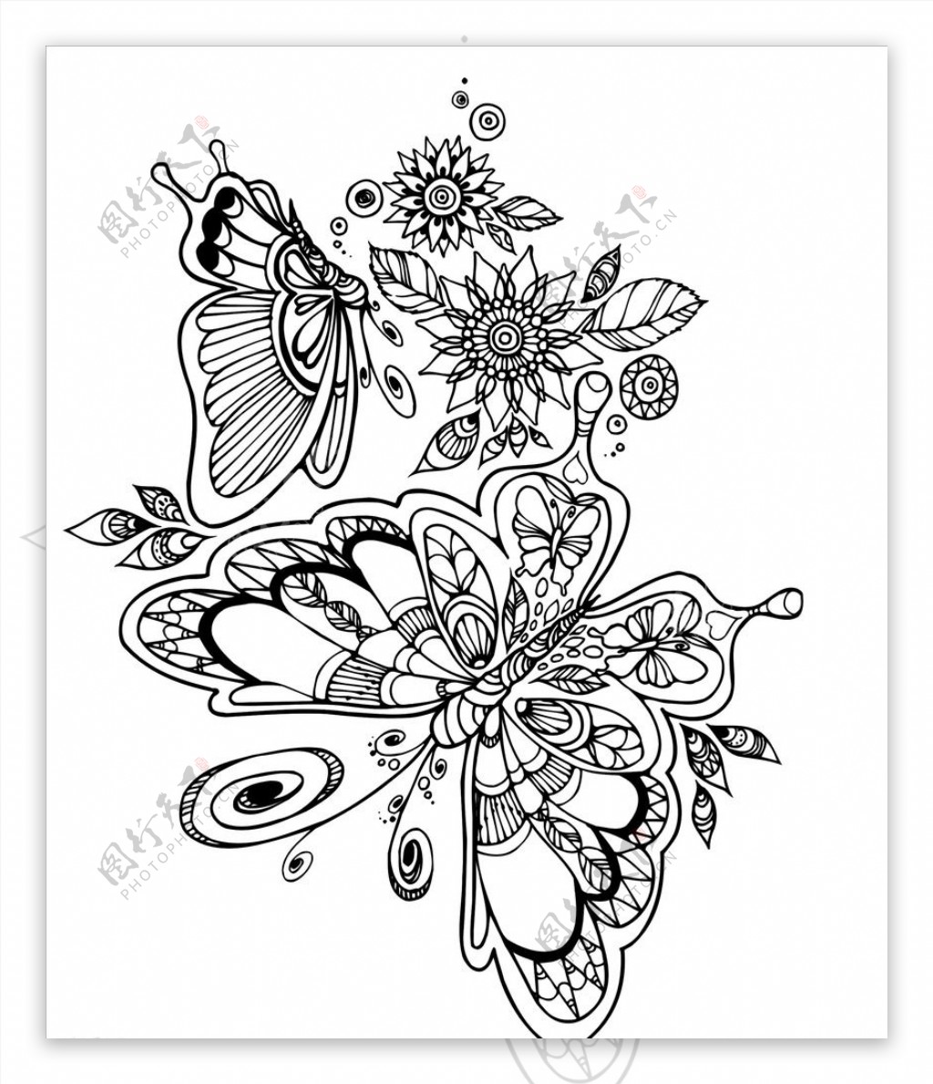 黑白花朵蝴蝶复杂剪纸底纹图片