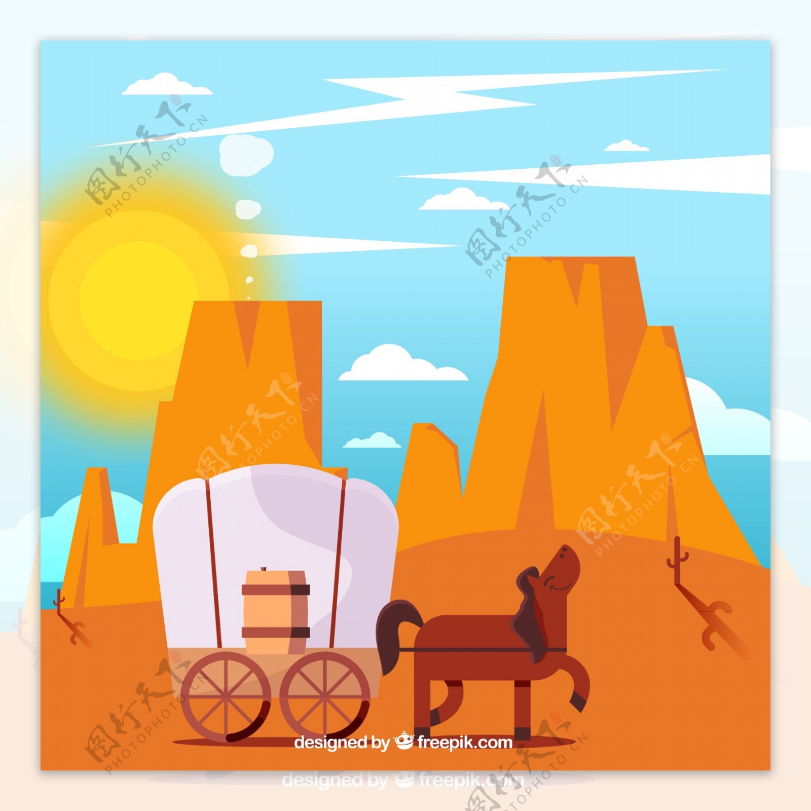 卡通西部沙漠背景与马车