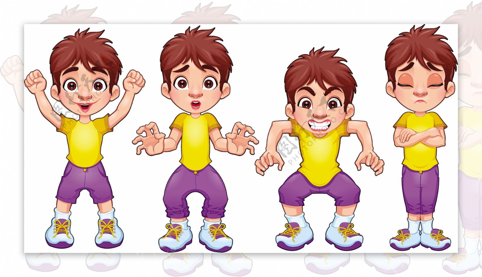 四对同一个孩子在不同的表达载体的卡通人物形象孤立