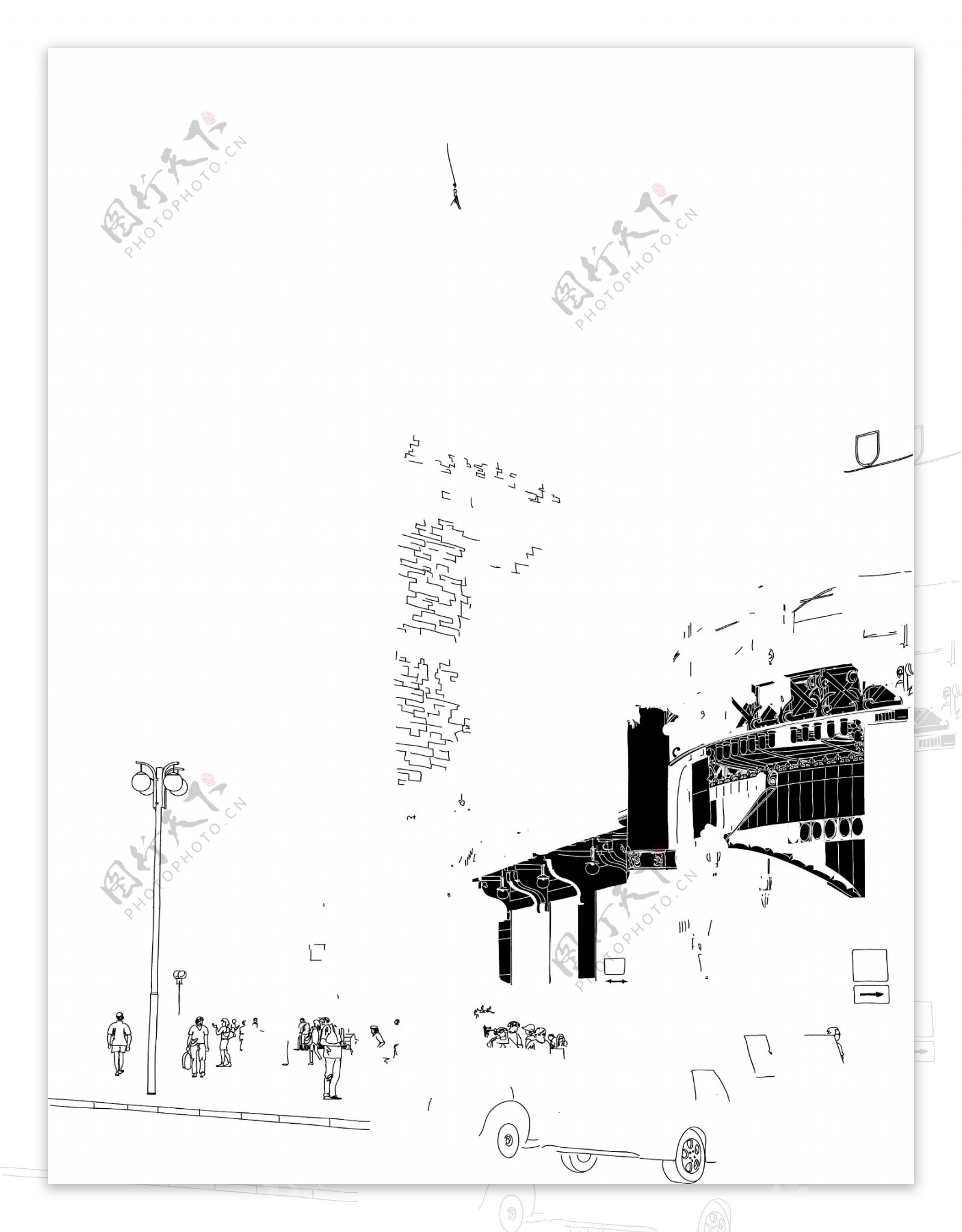 黑白速写风格建筑插画