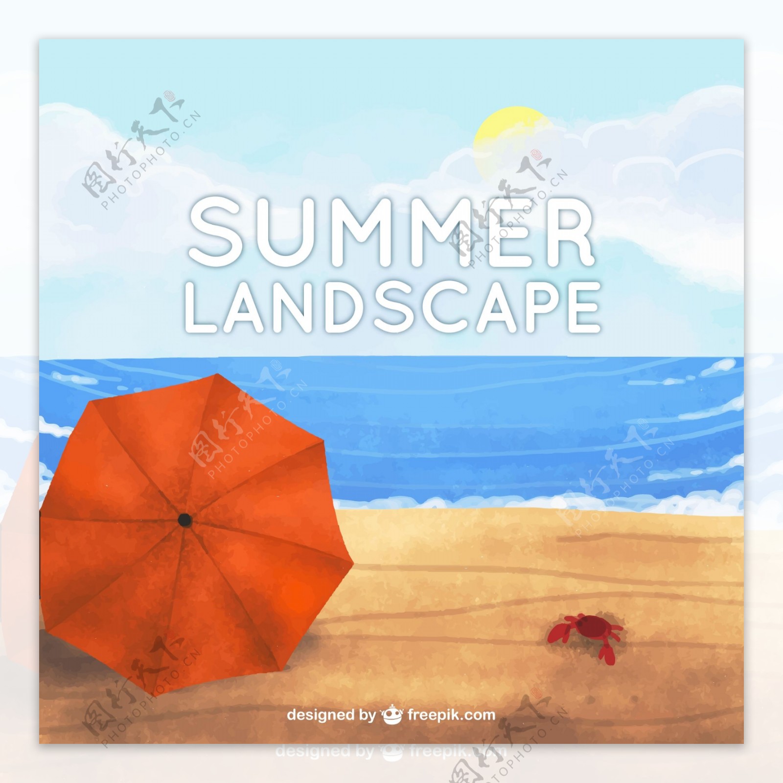 夏季沙滩遮阳伞和螃蟹矢量