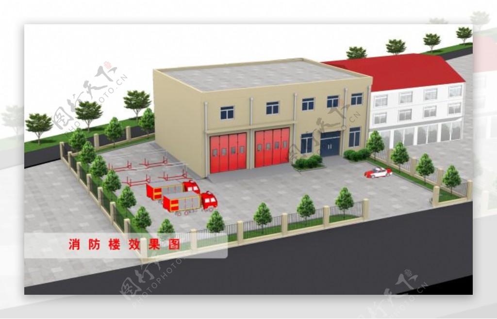 消防办公楼大院效果3DMax模型