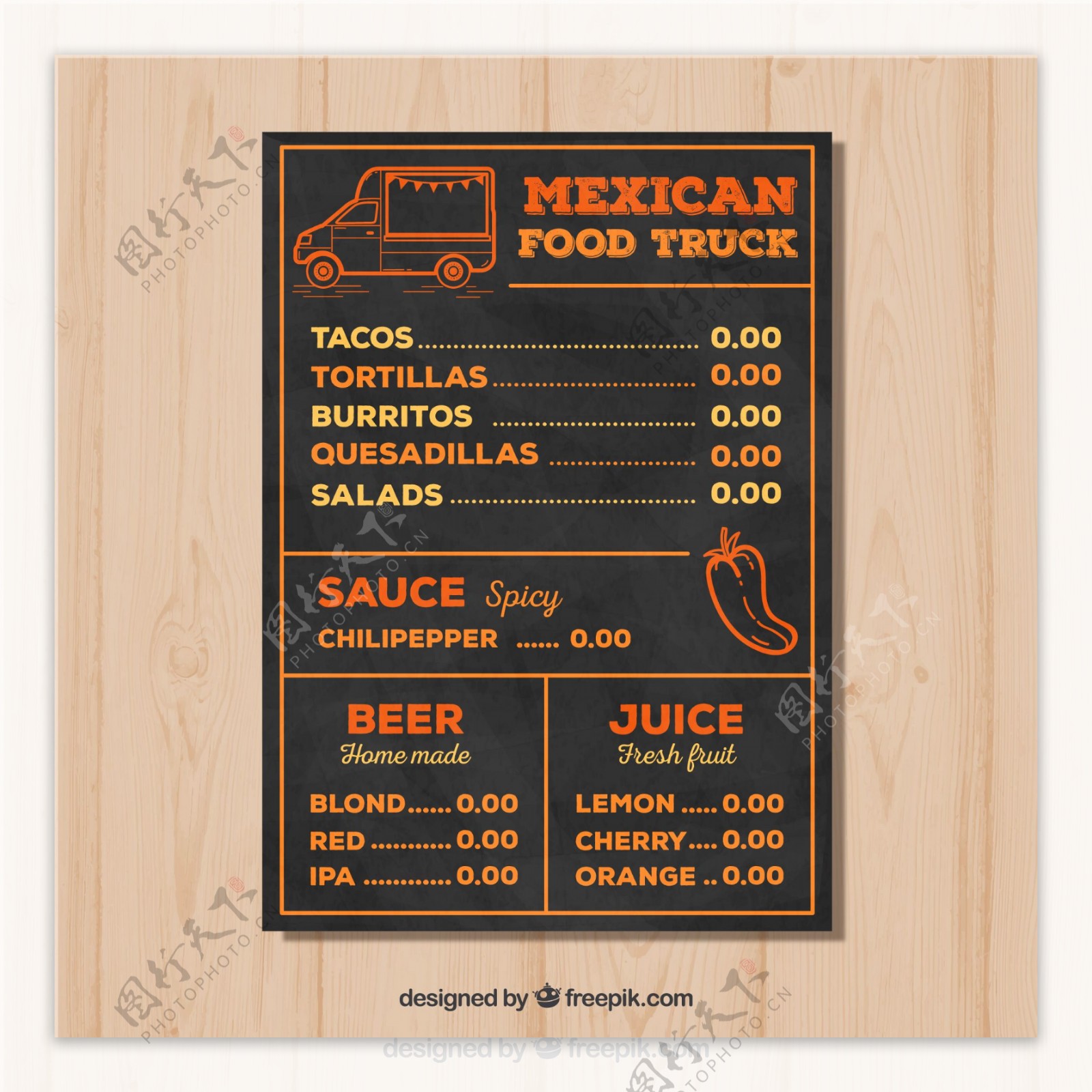 手绘墨西哥食品卡车菜单