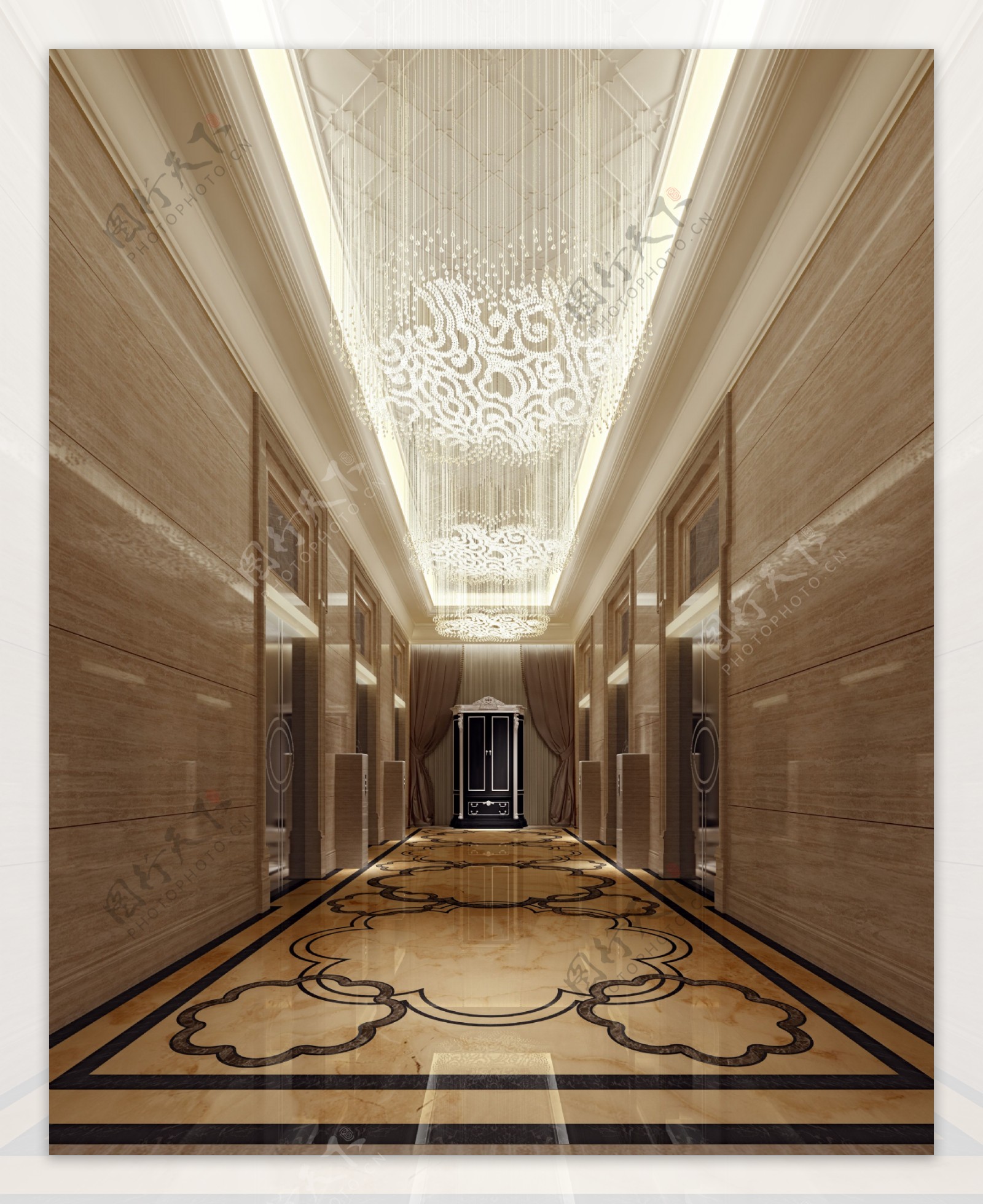 现代时尚金色花纹瓷砖地板酒店走廊装修图