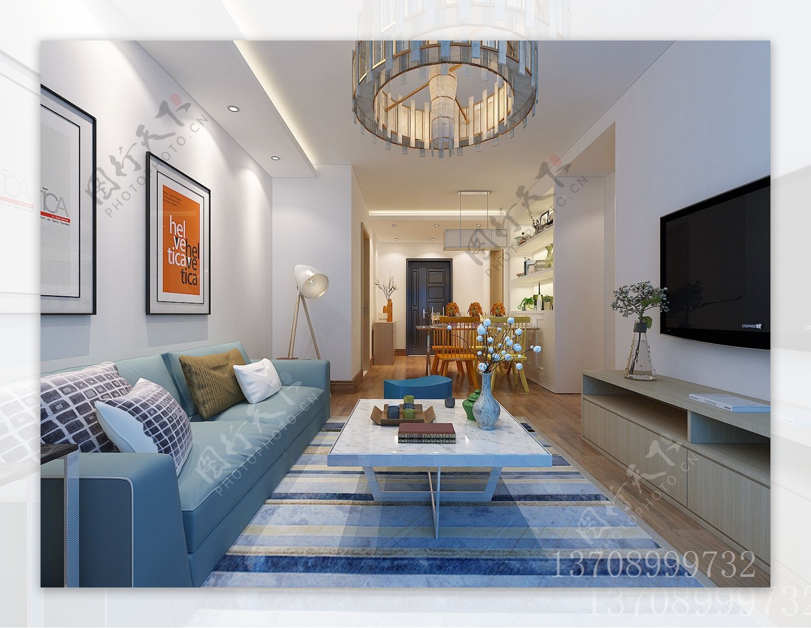 蓝白现代简约风室内客厅效果设计