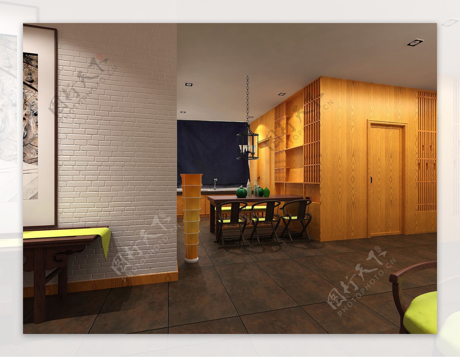中式办公室深色瓷砖地板工装装修效果图