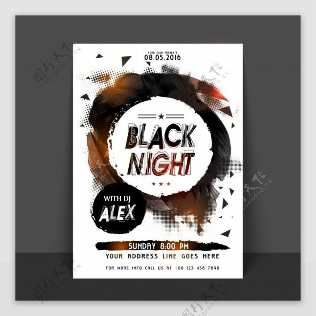 黑色的夜晚聚会传单模板或横幅设计摘要半色调风格的背景与圆形框架的笔触使