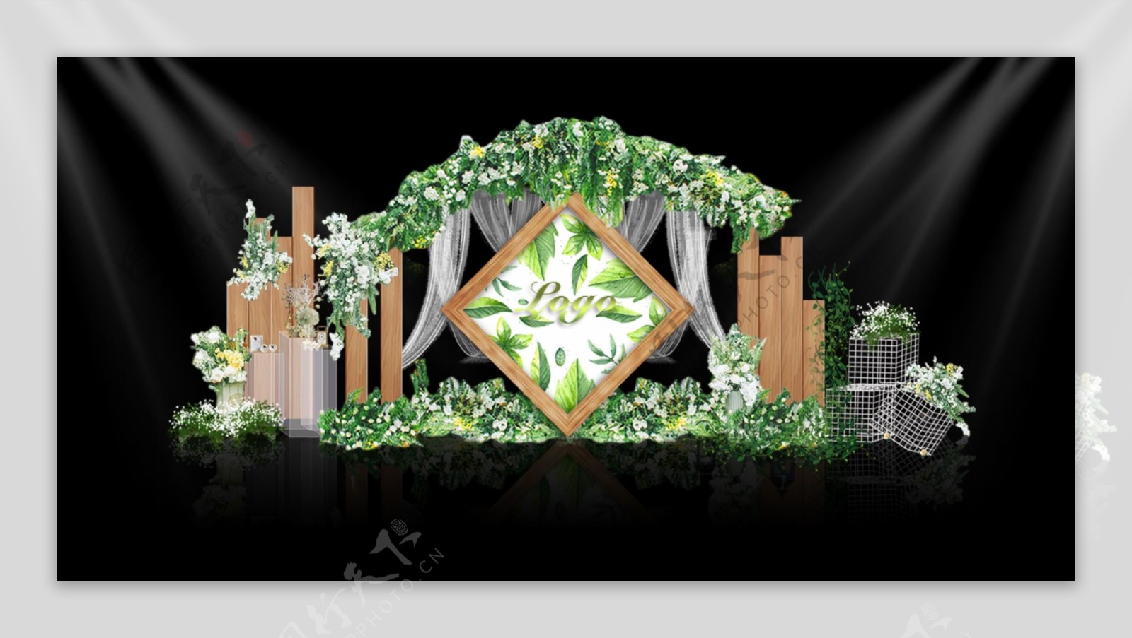 原木绿色花艺纱幔装饰婚礼迎宾展示区效果图