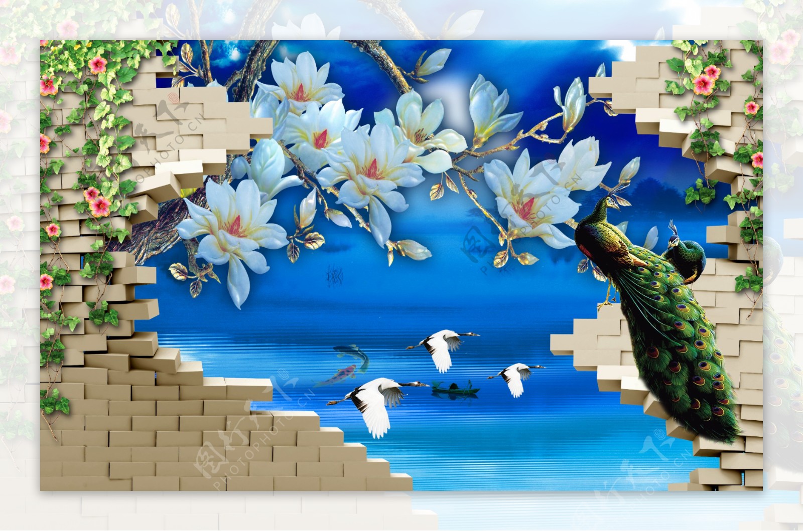 中式3D立体仙鹤孔雀背景墙墙画壁画