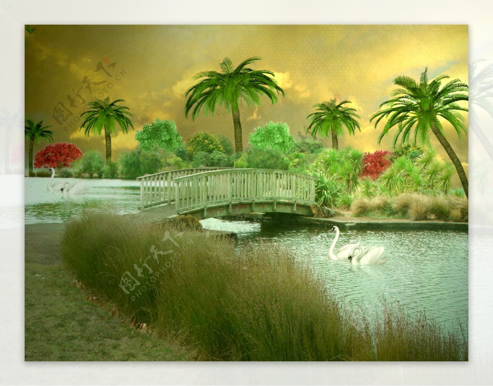 3D椰树小桥流水游鸭背景墙