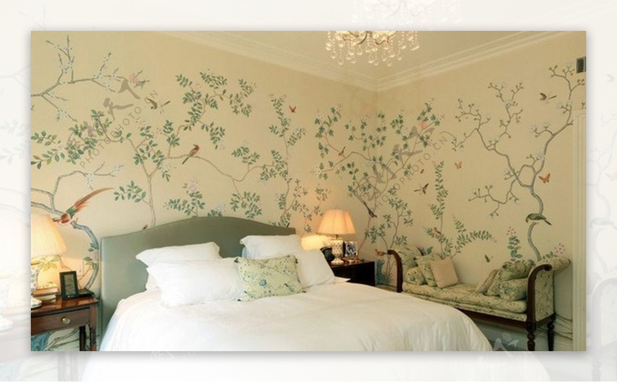 欧式简约风格卧室植物液体壁纸装修效果图