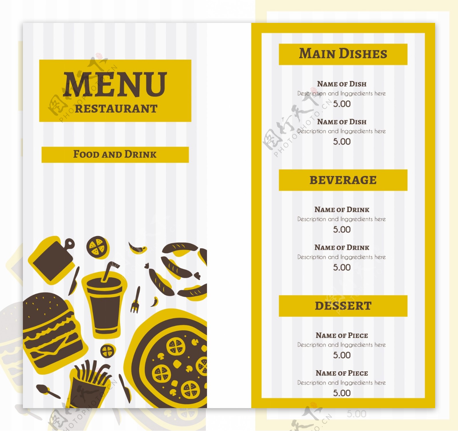 黄色餐厅菜单带条纹